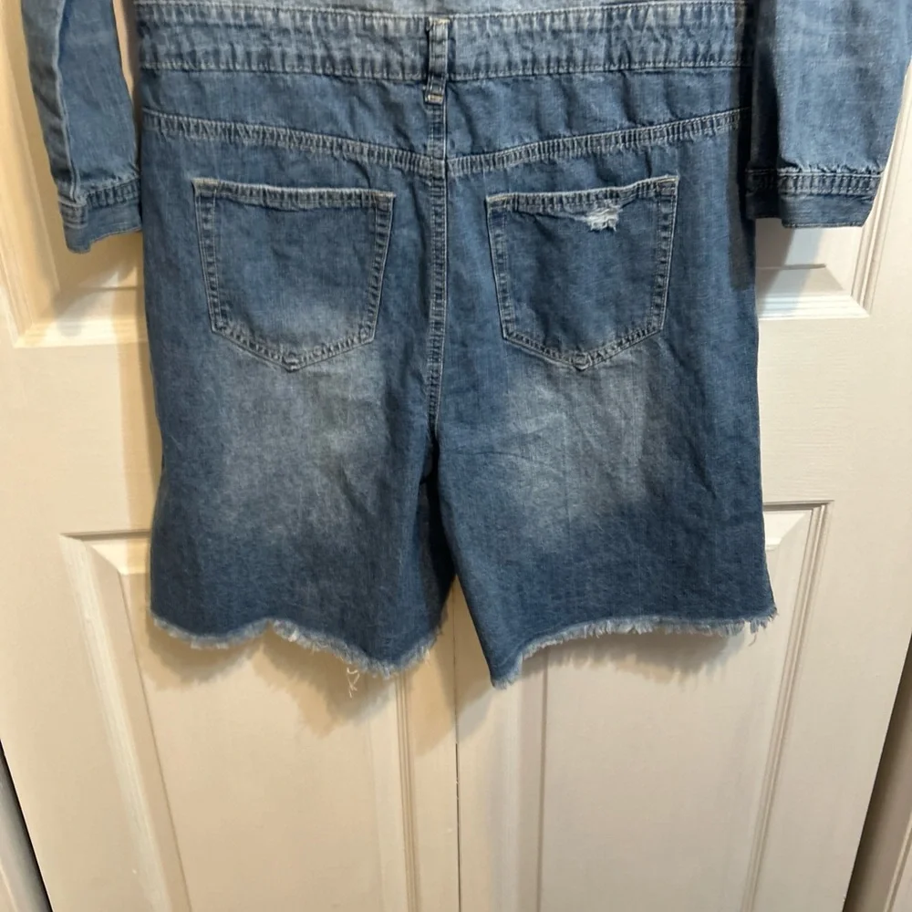 Fashion Nova Light Blue Distressed Denim Jumpsuit Romper - Picture 9 of 13